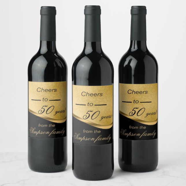 Elegant,Gold & Black,Cheers To 50 Years Wine Label (Bottles)