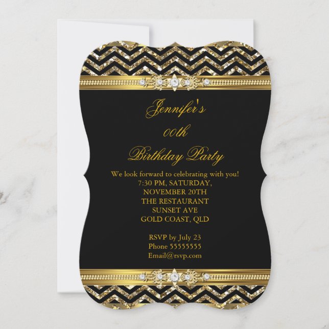 Elegant Gold Black Chevron Diamond Birthday 2 Invitation (Front)