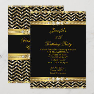 Elegant Gold Black Chevron Diamond Birthday 2 Invitation