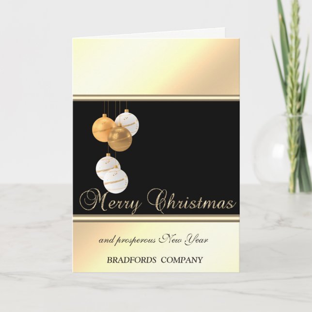 Elegant, Gold, Black  Christmas Balls, Company Holiday Card (Front)