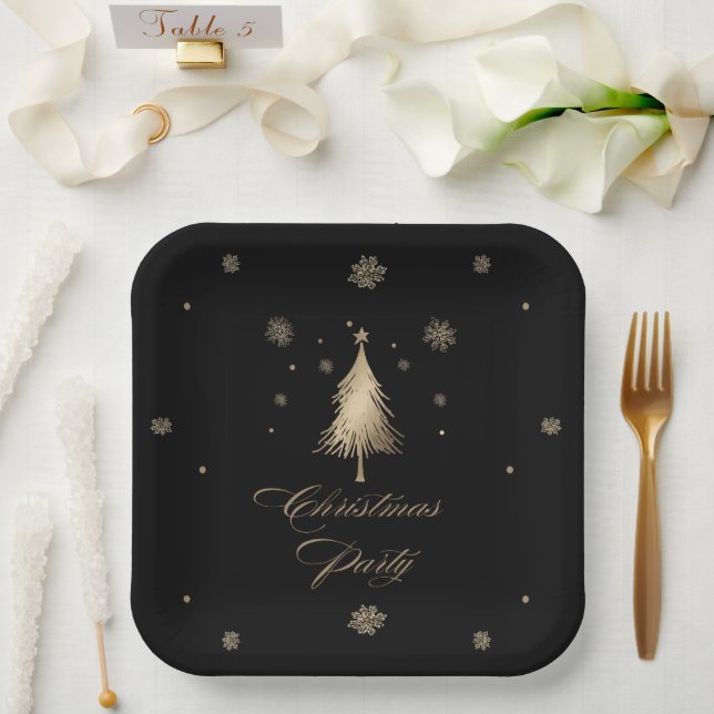 Elegant Gold Black Christmas Party  Paper Plate (Wedding)