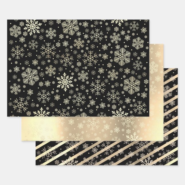 Elegant Gold & Black Christmas Snowflake Pattern   Wrapping Paper Sheet (Set)