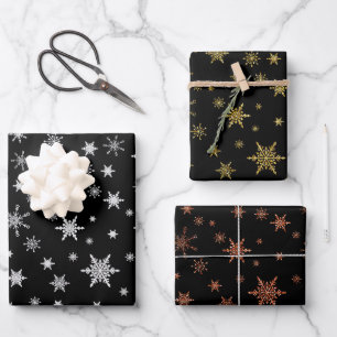 Elegant Gold Black Christmas Snowflakes Glitter Wrapping Paper Sheet