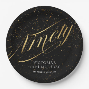 Elegant Gold Black Confetti Ninety 90th Birthday  Paper Plate