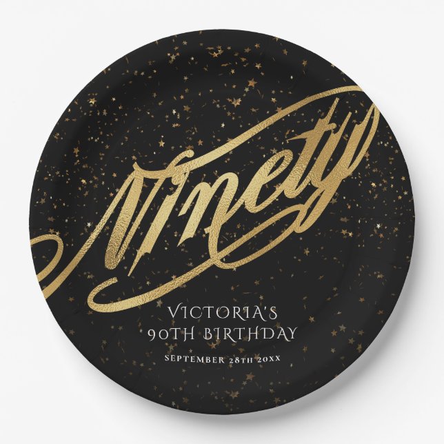 Elegant Gold Black Confetti Ninety 90th Birthday  Paper Plate (Front)