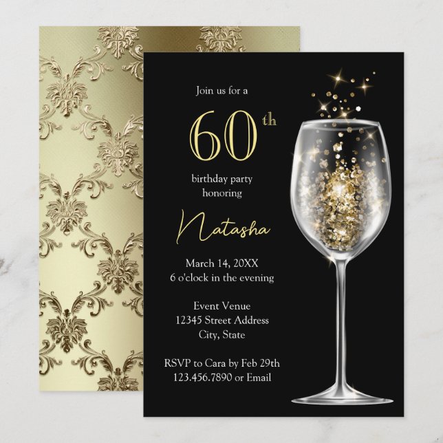 Elegant Gold Black Damask 60th Birthday Party Invitation (Front/Back)