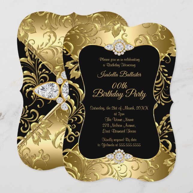 Elegant Gold Black Damask floral Birthday Party Invitation (Front/Back)