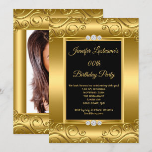 Elegant Gold Black Damask Photo Birthday Party Invitation