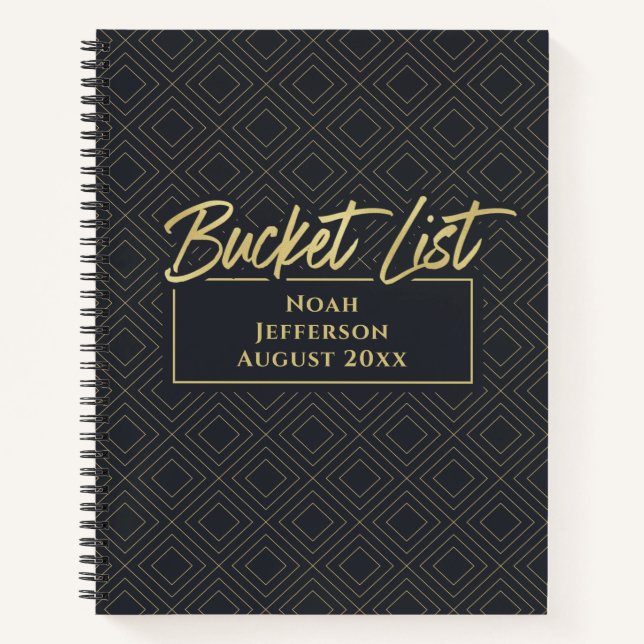 Elegant Gold Black Deco Bucket List Monogrammed Notebook (Front)