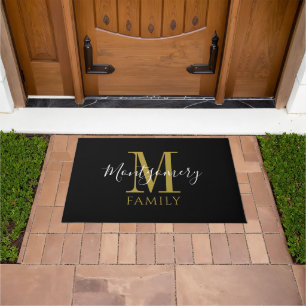 Elegant Gold Black Family Name Monogram Doormat