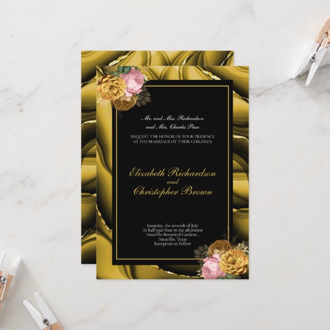 Elegant Gold Black Floral Border Wedding  Invitation (Front/Back In Situ)