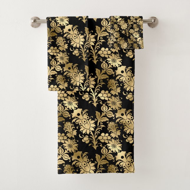 Elegant Gold Black Floral Glam Bath Towel Set (Insitu)