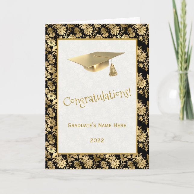 Elegant Gold Black Floral Glam Graduation Card (Front)