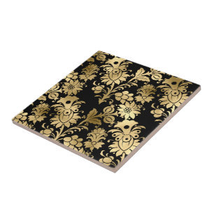 Elegant Gold Black Floral Glam Tile