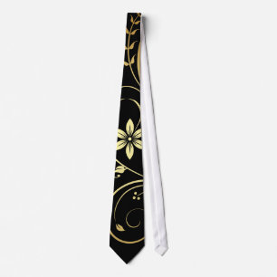 Elegant Gold & Black Floral Scroll Mens Tie