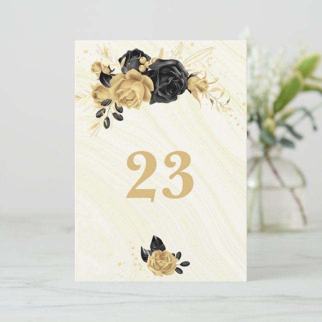 Elegant gold & black floral table number (Standing Front)