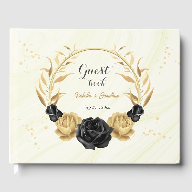 elegant gold & black floral wreath guest book (Front)