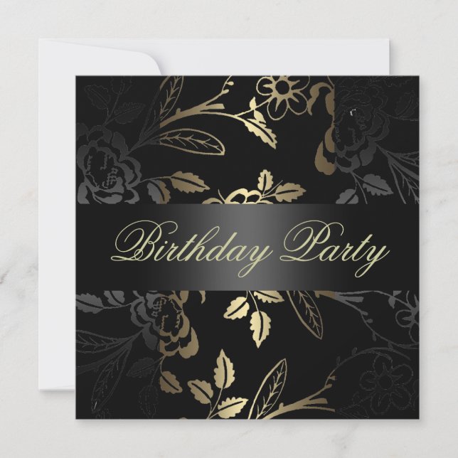 Elegant Gold /Black Flower Design Birthday Invite (Front)