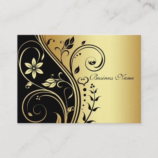 Elegant Gold & Black Flower Scroll Business Card (Front)