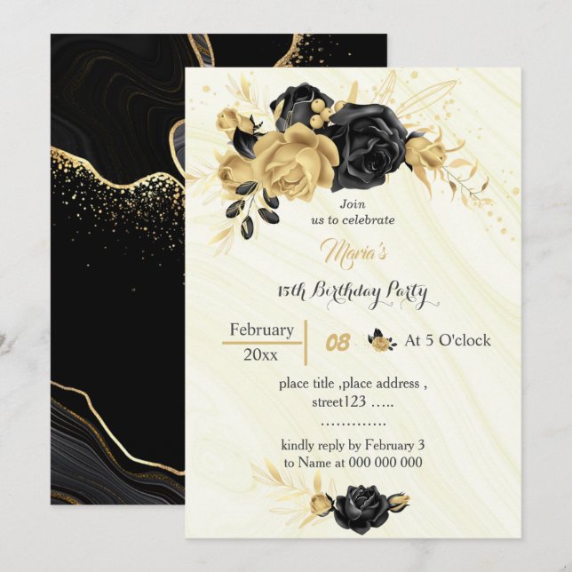Elegant gold & black flowers birthday  invitation (Front/Back)