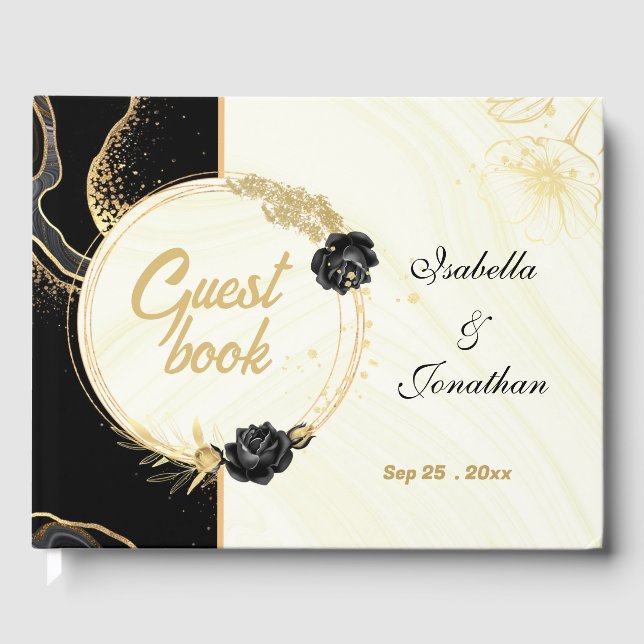 elegant gold & black flowers botanical guest book (Front)