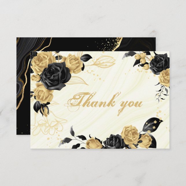 elegant gold & black flowers botanical thank you card (Front/Back)