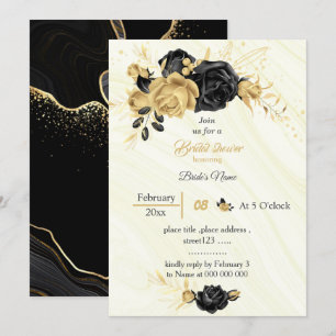elegant gold & black flowers bridal shower invitation