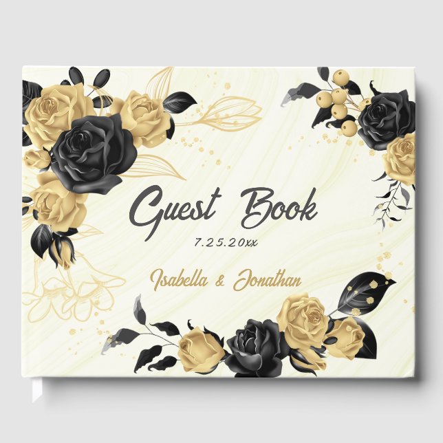 elegant gold & black flowers marble guest book (Front)