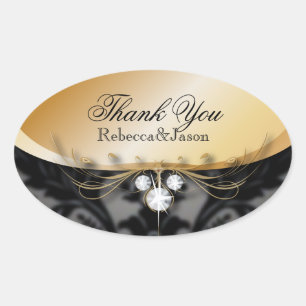 Elegant Gold black formal damask Wedding thank you Oval Sticker