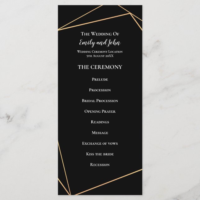 Elegant Gold & Black Geometric Lines Wedding Programme (Front)