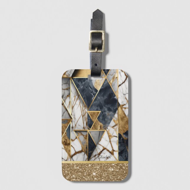Elegant Gold Black Geometric Marble Glitter Luggage Tag (Front Vertical)