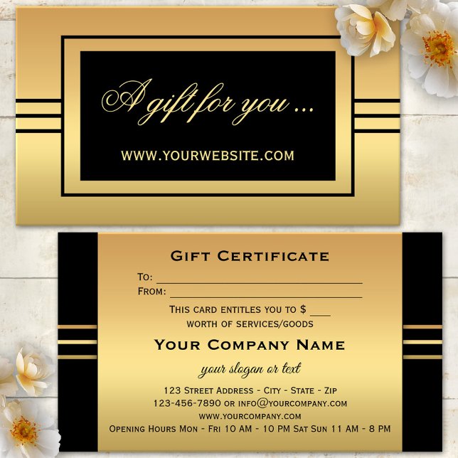 Elegant Gold Black Gift Certificate Template (Elegant business card sized gift card voucher in gold and black with stripes)