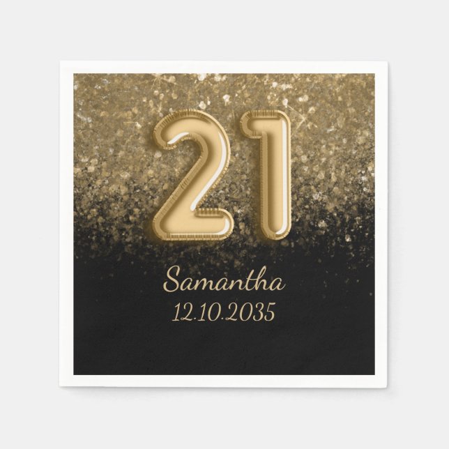 Elegant Gold Black Glitter 21st Birthday Napkin (Front)
