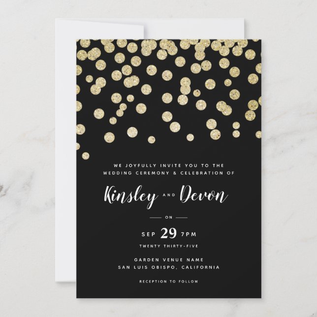Elegant Gold & Black Glitter Confetti Minimalist Invitation (Front)