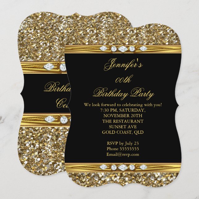 Elegant Gold Black Glitter Diamond Birthday Party Invitation (Front/Back)