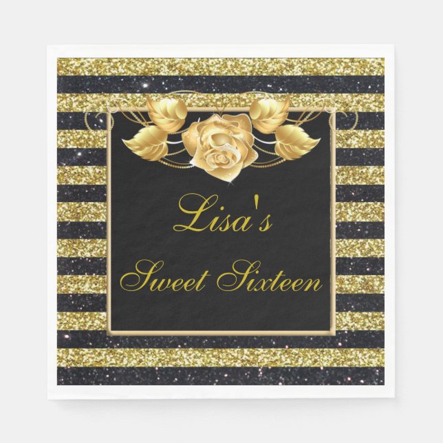 Elegant Gold Black Glitter Gold Rose Sweet 16 Napkin (Front)