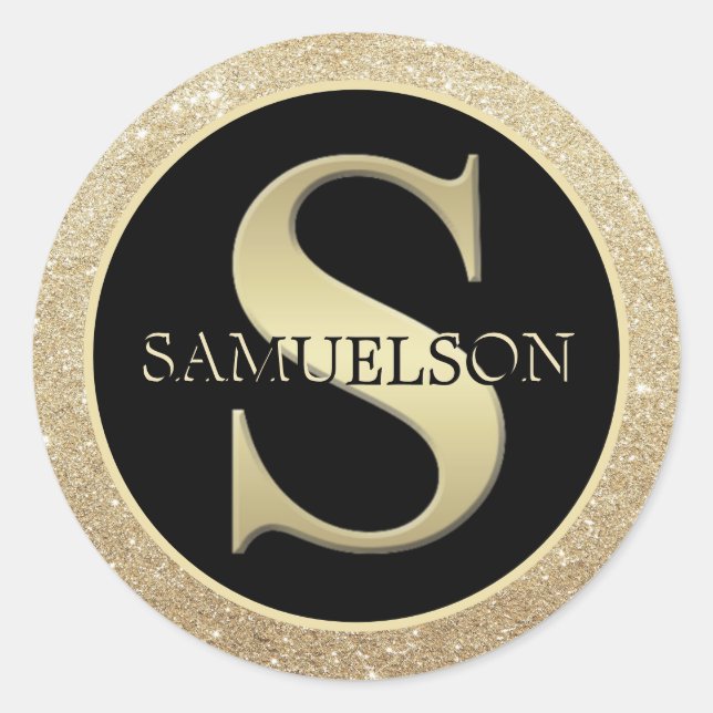 Elegant Gold Black Glitter Letter 'S' Monogram Classic Round Sticker (Front)