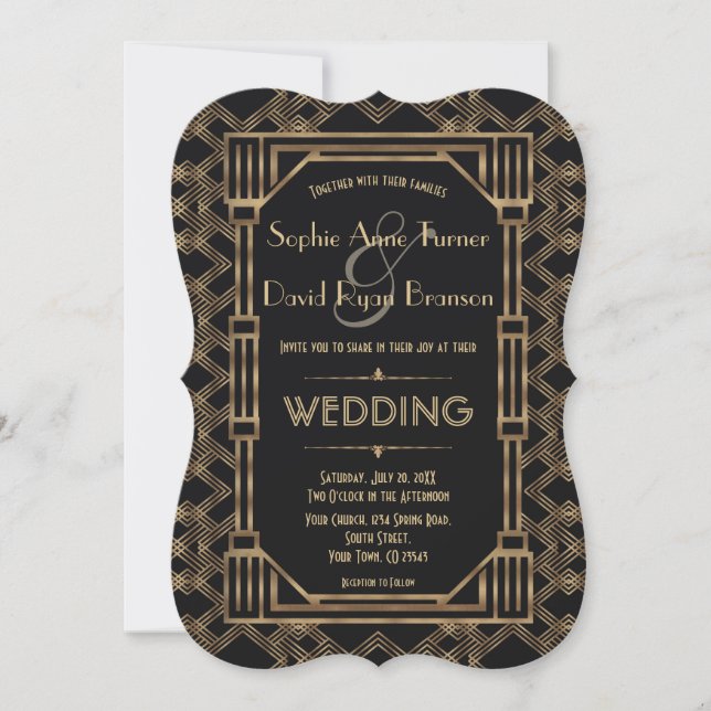 Elegant Gold Black Great Gatsby 1920s Wedding Invitation (Front)