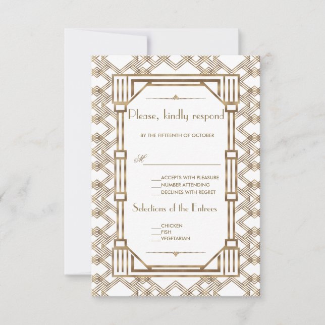 Elegant Gold Black Great Gatsby 1920s Wedding RSVP Card (Front)