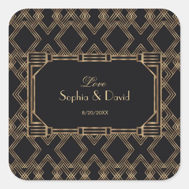 Elegant Gold Black Great Gatsby 1920s Wedding Square Sticker (Front)