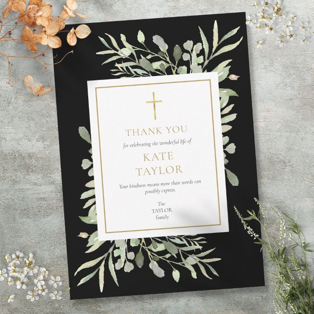 Elegant Gold Black Greenery Funeral Memorial Thank You Card (Elegant Gold Black Greenery Funeral Memorial Thank You Card)