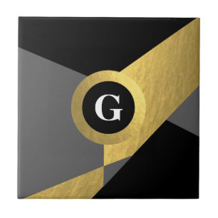 Elegant Gold Black Grey Colour Block Any Monogram Tile
