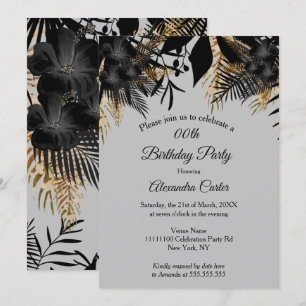 Elegant Gold Black Grey Floral Birthday Party Invitation