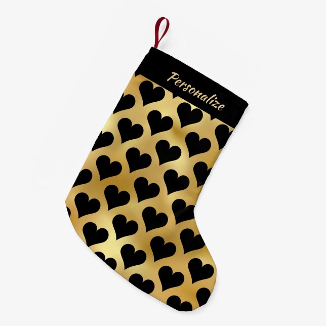 Elegant Gold Black Hearts Personalized  Small Christmas Stocking (Front (Hanging))