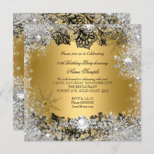 Elegant Gold Black Lace Silver Snowflake Birthday Invitation