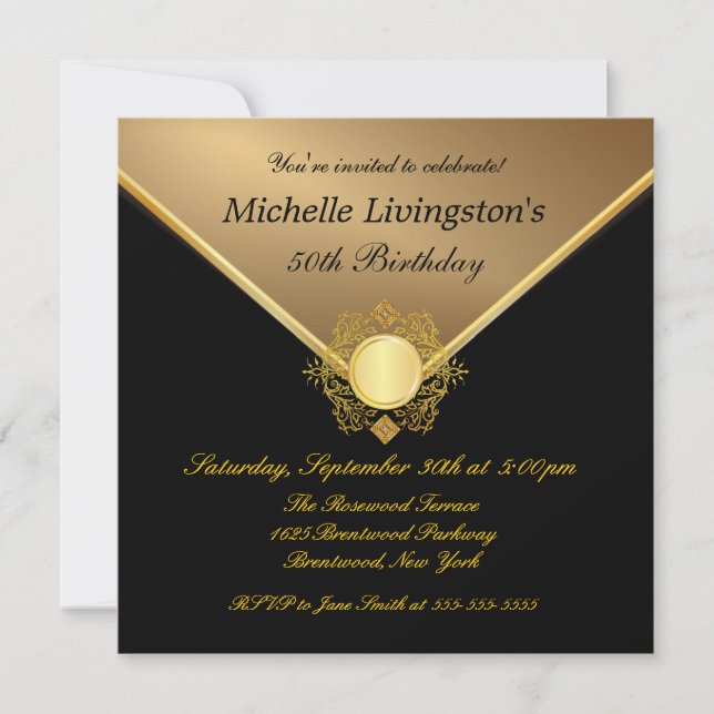 Elegant Gold Black Ladies 50th Birthday Invitation (Front)