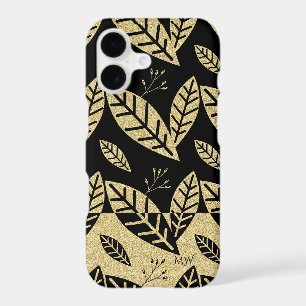 Elegant Gold & Black Leaf Pattern Custom Monogram