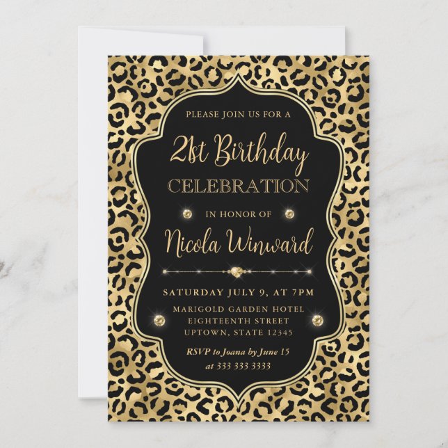 Elegant Gold & Black Leopard Print Birthday Party Invitation (Front)