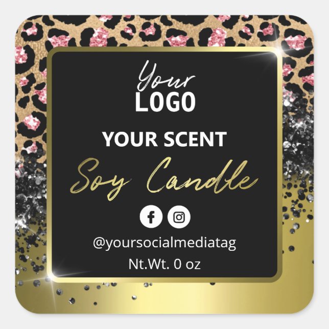 Elegant Gold Black Leopard Skin Soy Candle Labels (Front)
