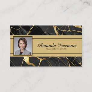 Elegant Gold & Black Marble Real Estate Agent Business Card